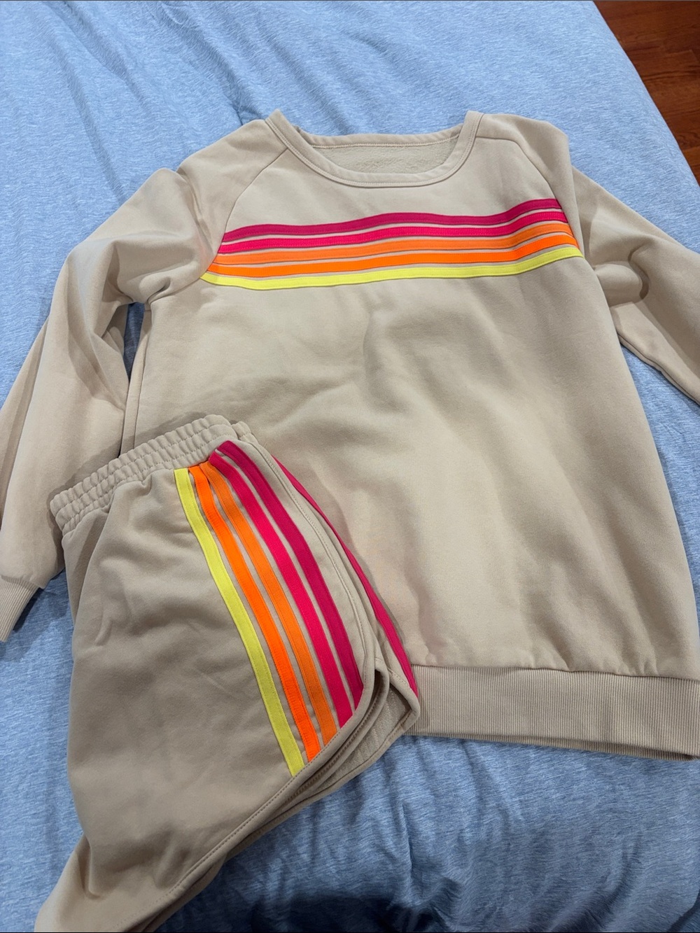 Beige Women’s Set with Pink, Orange & Yellow Stripe Detail